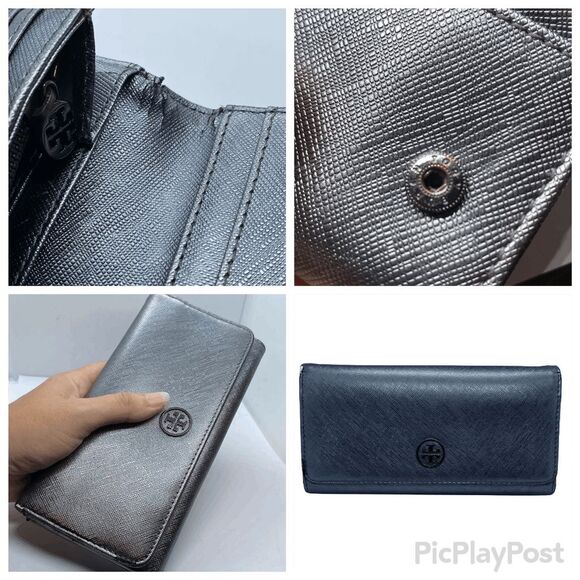 **TORN/FLAWS** Authentic Dark Silver Metallic Tory Burch Long Wallet - Picture 3 of 13